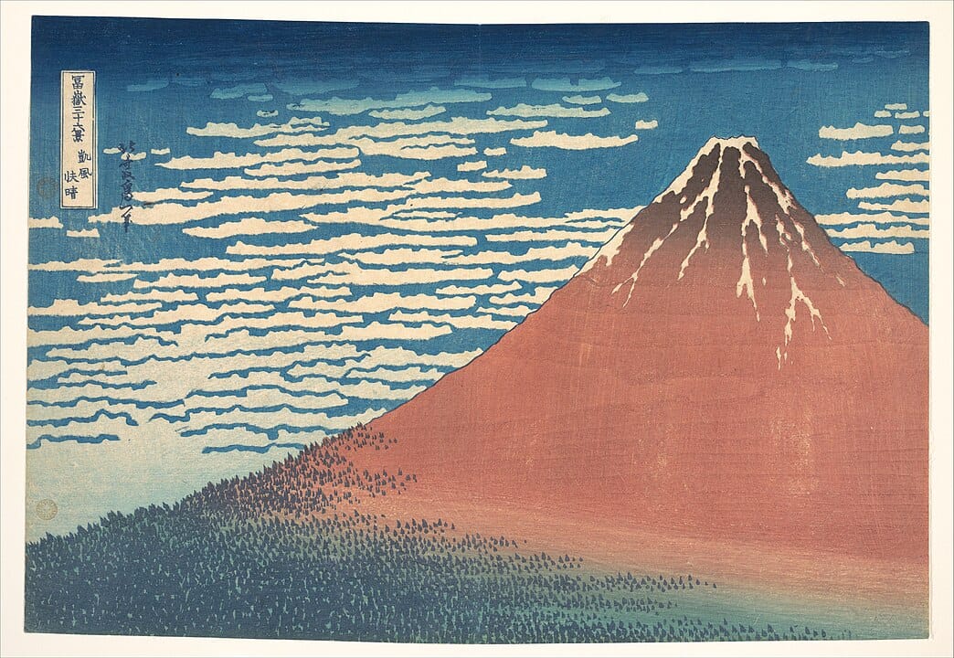 Red Fuji woodblock print by Hokusai