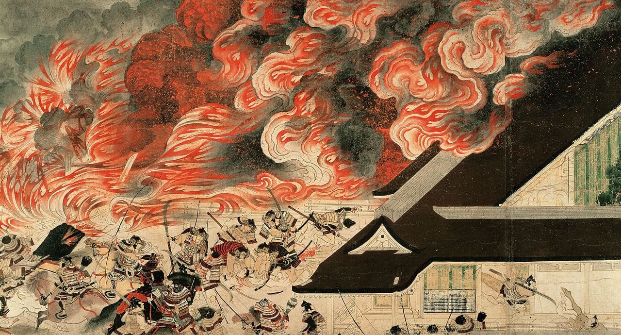 The famous scene of the fire at Sanjō Palace, with a sequence of battle and barbarism at the foot of the scroll (Sanjō Palace fire scroll)