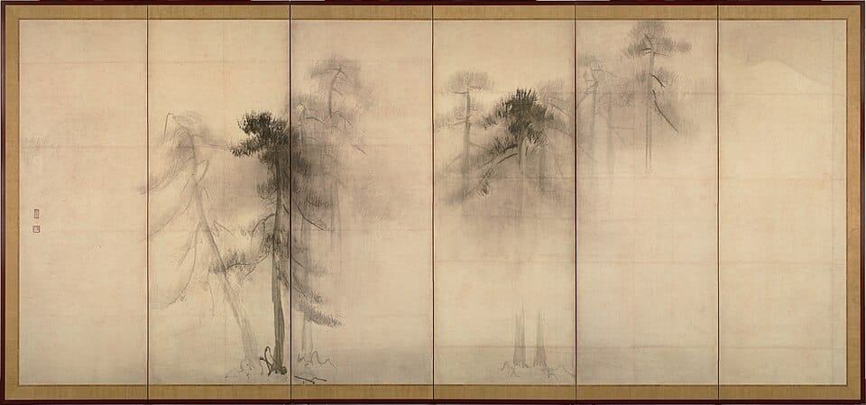 Monochrome ink Pine Trees screen by Hasegawa Tōhaku
