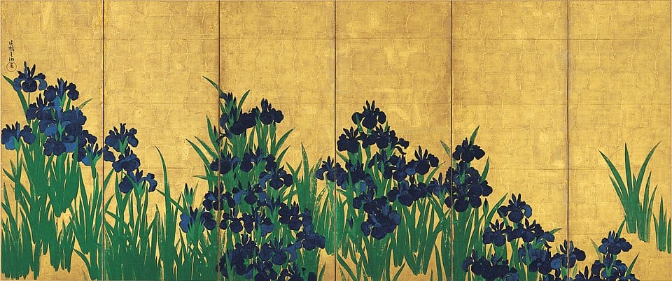 Gold-leaf screen with blue irises by Ogata Kōrin