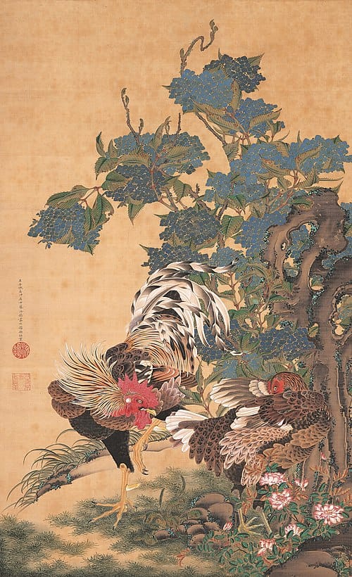 “Rooster and Hen with Hydrangeas”